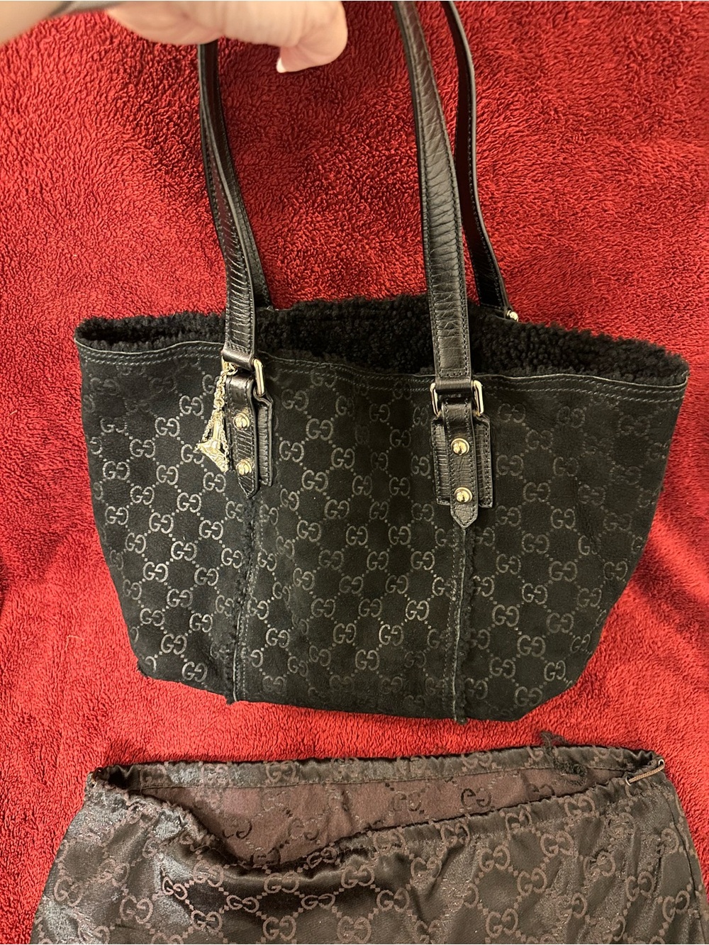 Gucci Black GG Suede Tote with Leather Handles and Charm - Picture 7 of 9